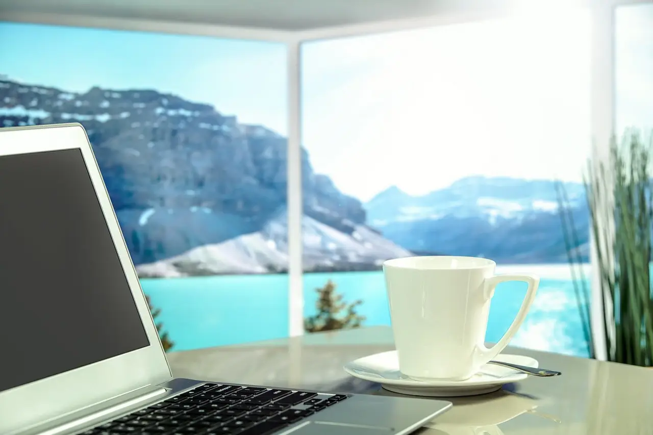 relax-computer Computer portatile, con una baia assolata nello sfondo