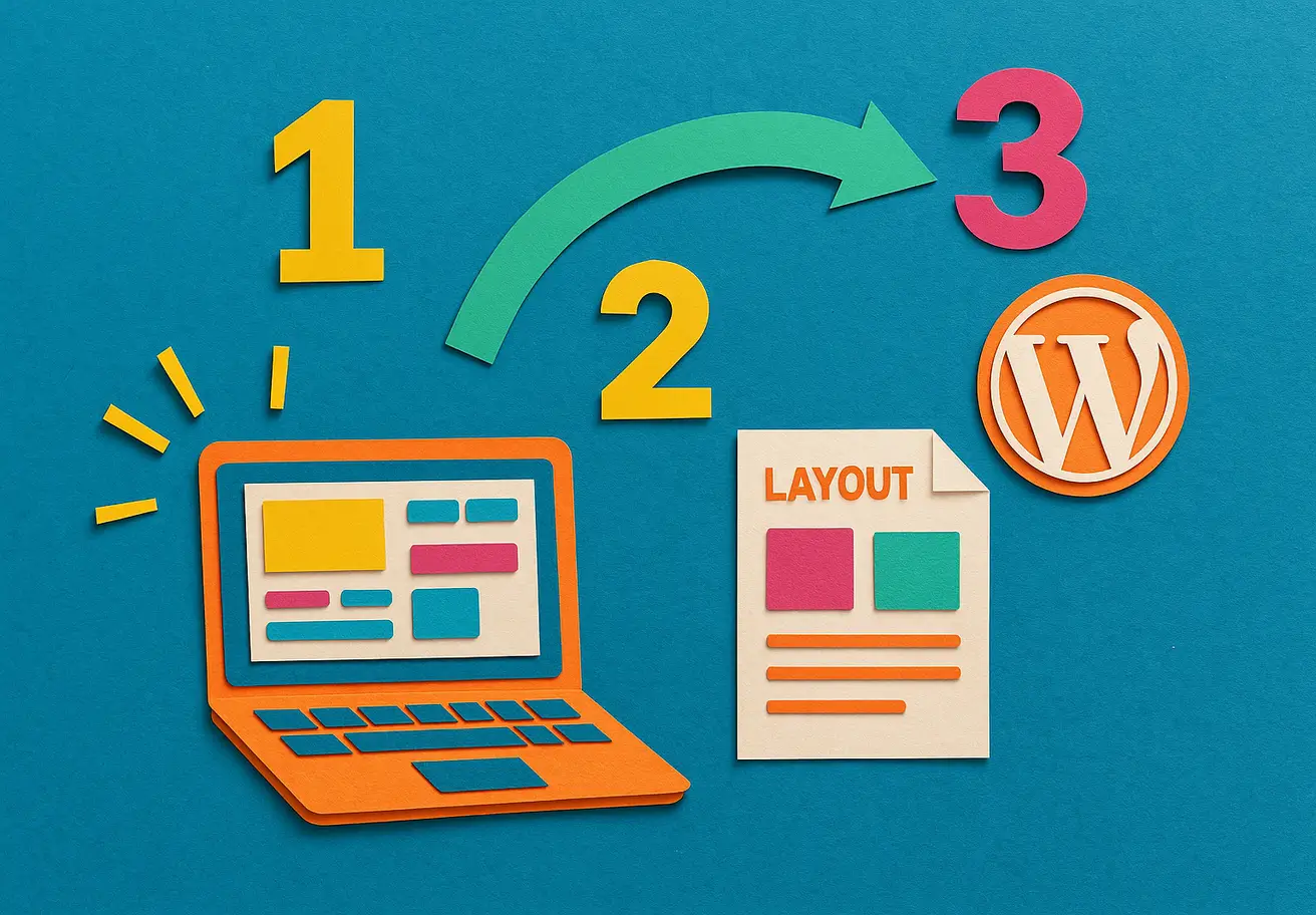 processo-creazione-sito-wordpress-anawim Illustrazione papercraft del processo di creazione di un sito WordPress con laptop, layout e fasi numerate