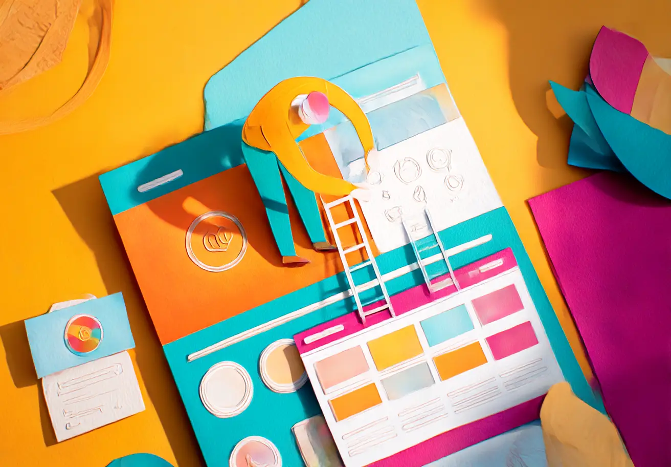 Illustrazione papercraft di un web designer che crea un sito WordPress personalizzato partendo da logo, colori e stile aziendale