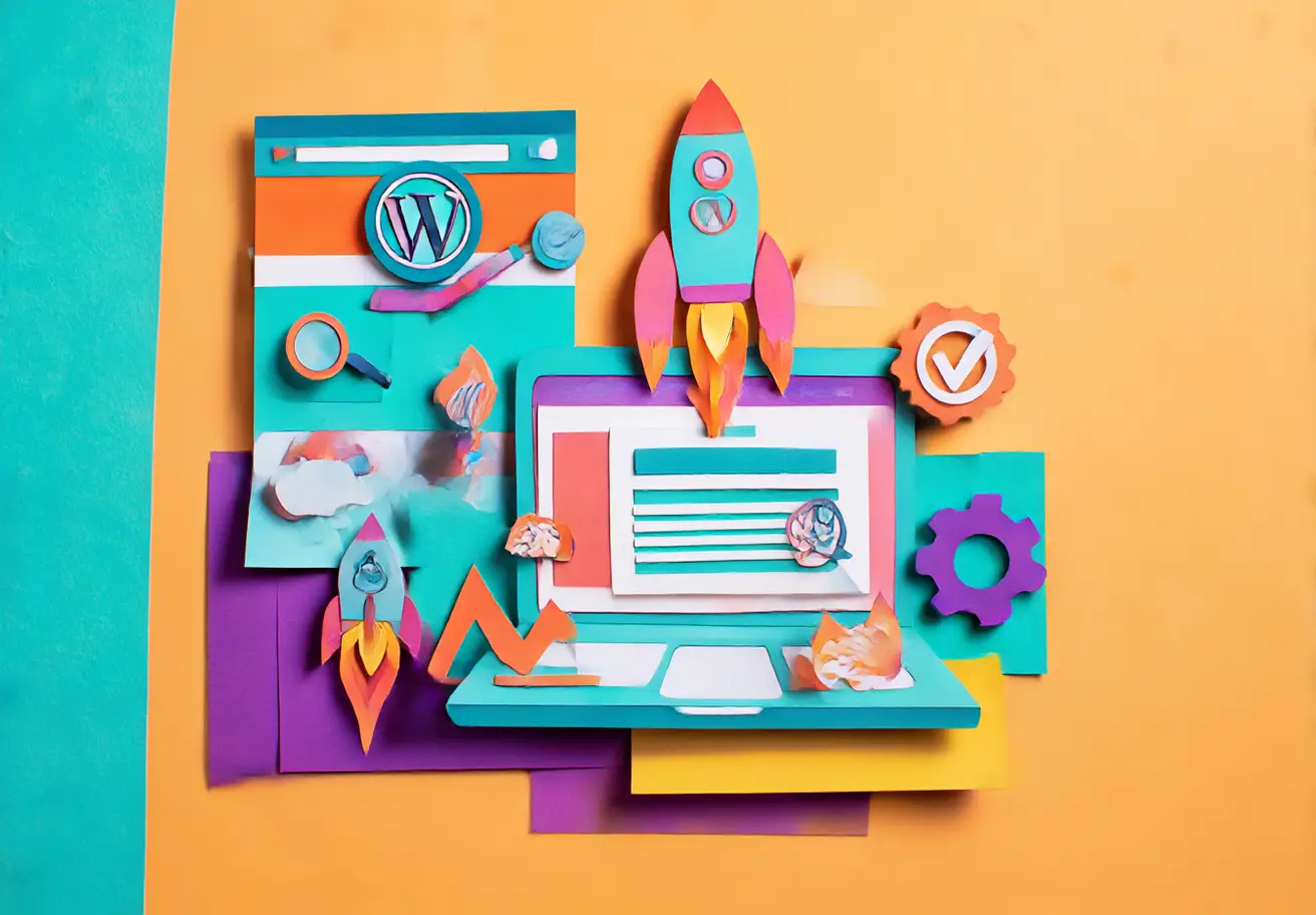 Illustrazione papercraft di un sito WordPress professionale con laptop, icone responsive, SEO e supporto tecnico