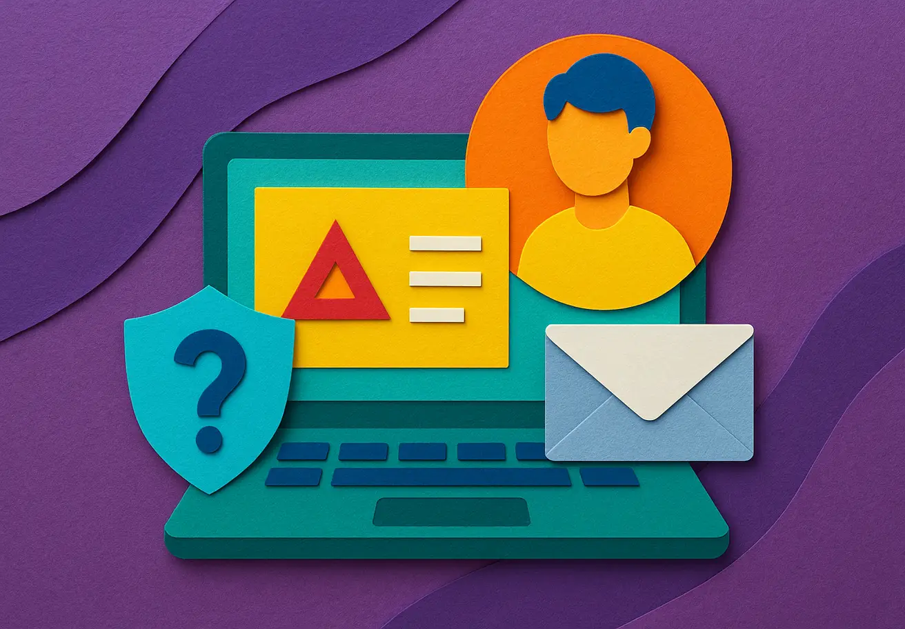 Illustrazione papercraft di un trasferimento sito WordPress con laptop, email e supporto tecnico